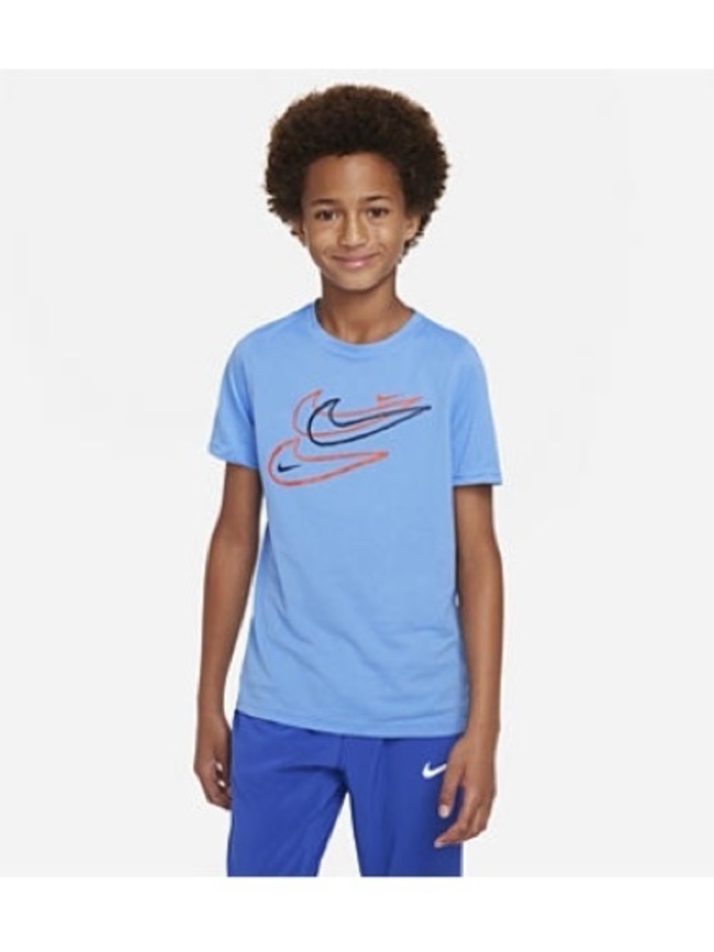 Nike Blue T-Shirt with Navy and Orange Swoosh Graphics university blue